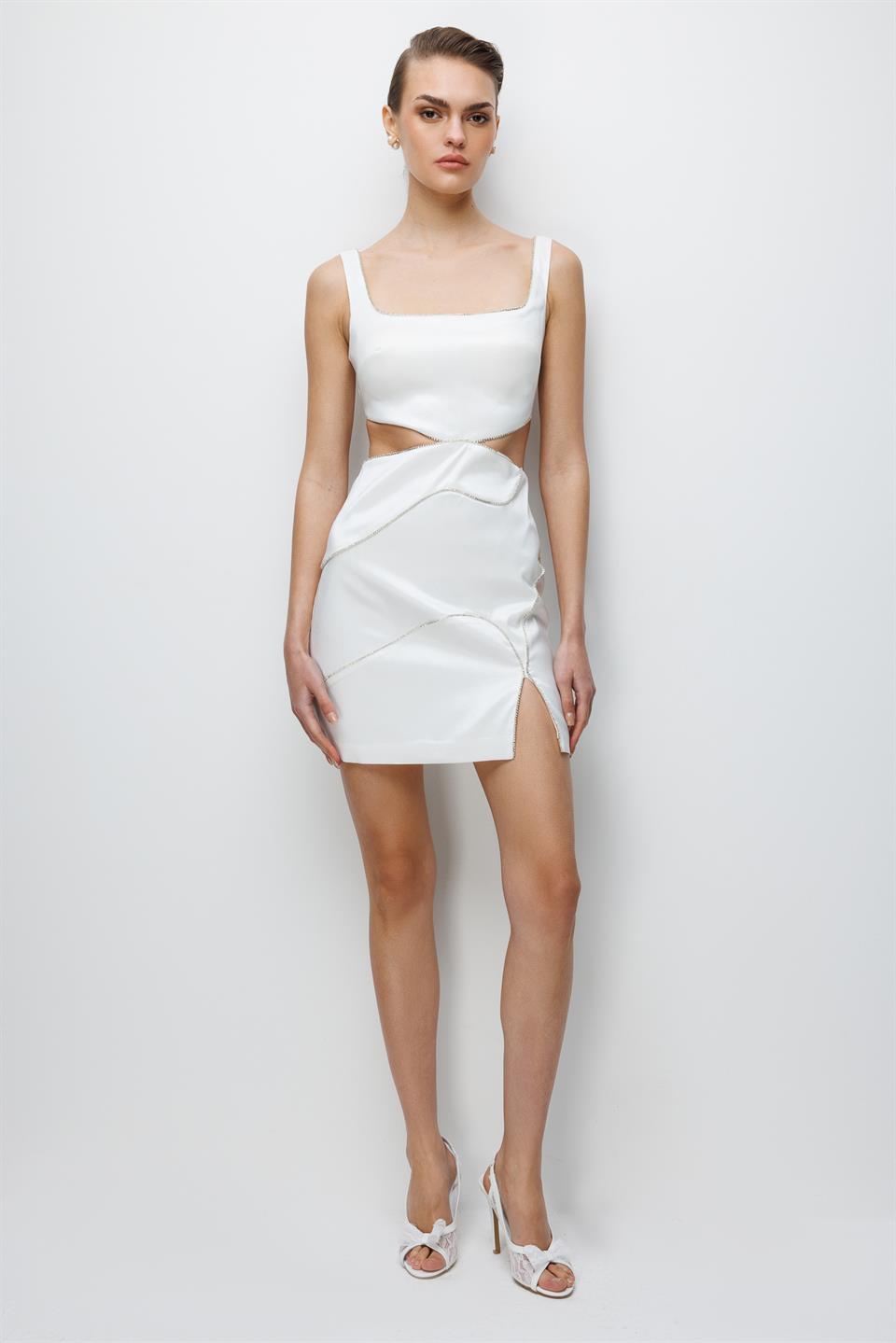 Bel Dekolte Detaylı Mini Yırtmaçlı Elbise EKRU