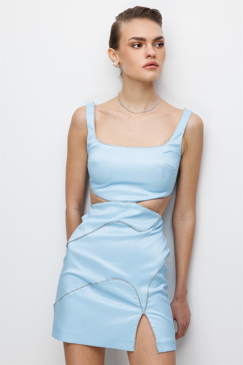 Bel Dekolte Detaylı Mini Yırtmaçlı Elbise BEBE MAVİ
