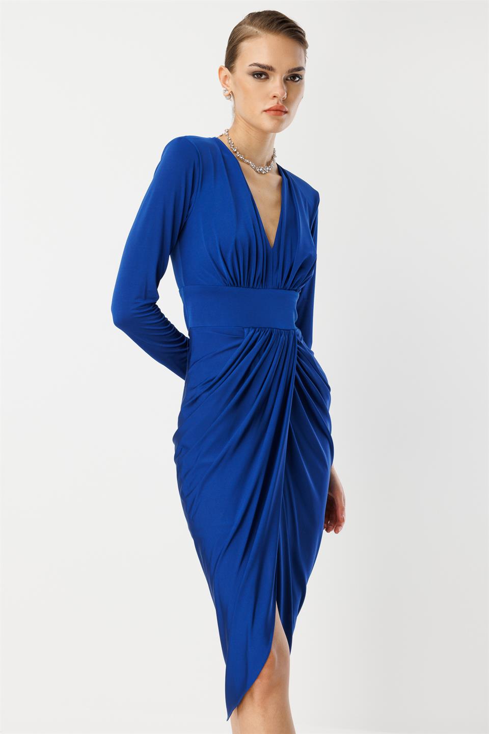 Bel Drape Detay Midi Elbise SAKS