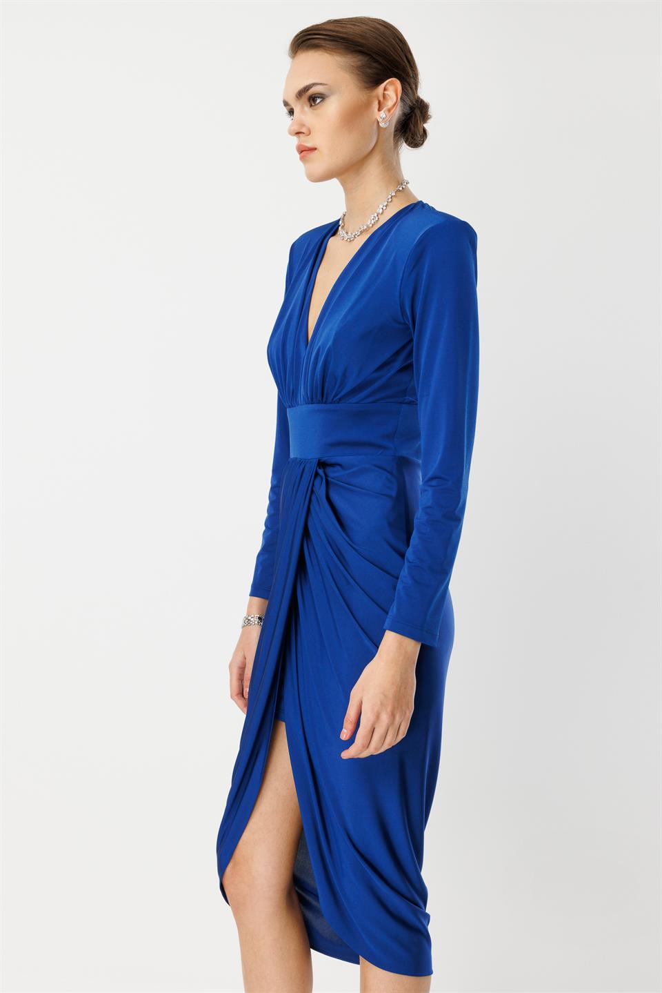 Bel Drape Detay Midi Elbise SAKS