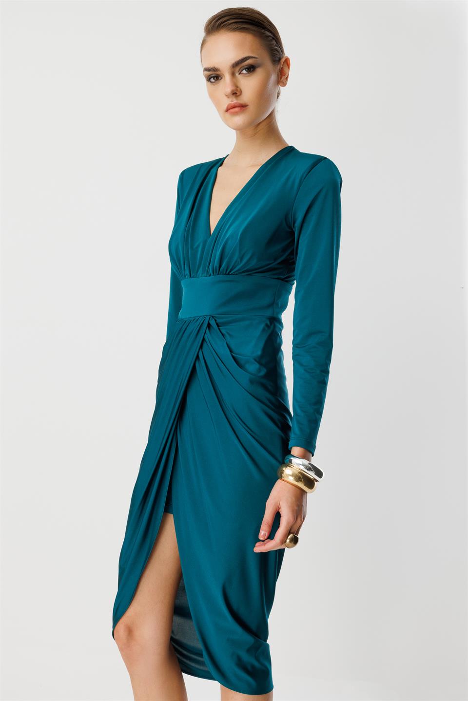 Bel Drape Detay Midi Elbise ZÜMRÜT