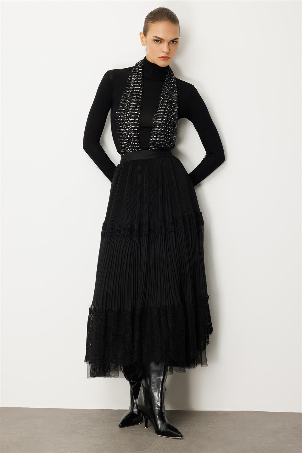 Bel Lastikli Dantel  Etek SİYAH