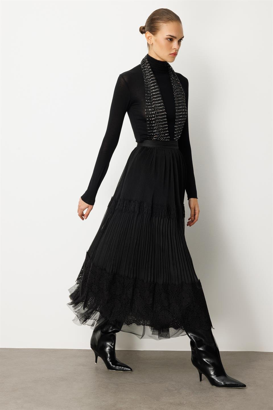 Bel Lastikli Dantel  Etek SİYAH