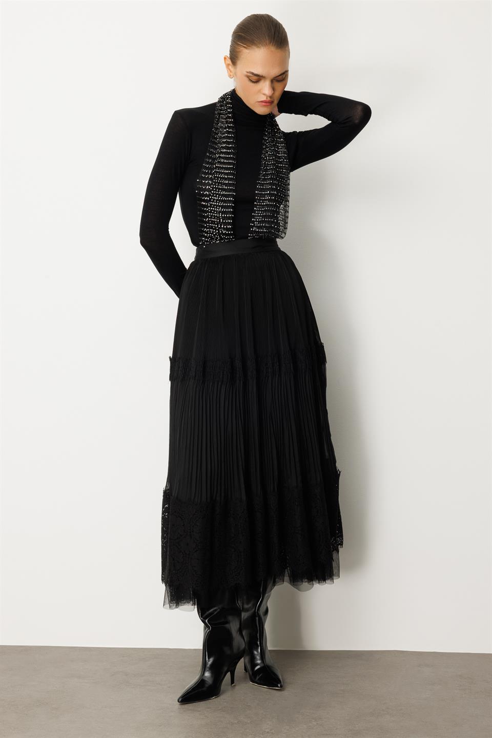 Bel Lastikli Dantel  Etek SİYAH