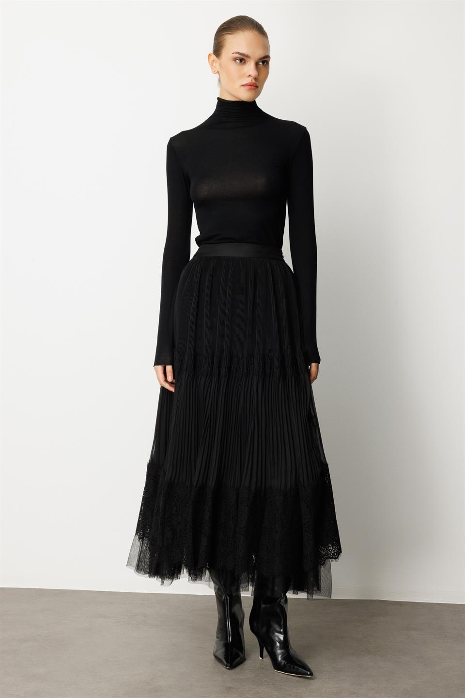 Bel Lastikli Dantel  Etek SİYAH