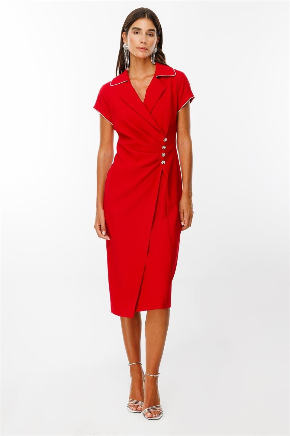 Bel Taş Şerit Büzgü Detay Kruvaze Elbise KIRMIZI