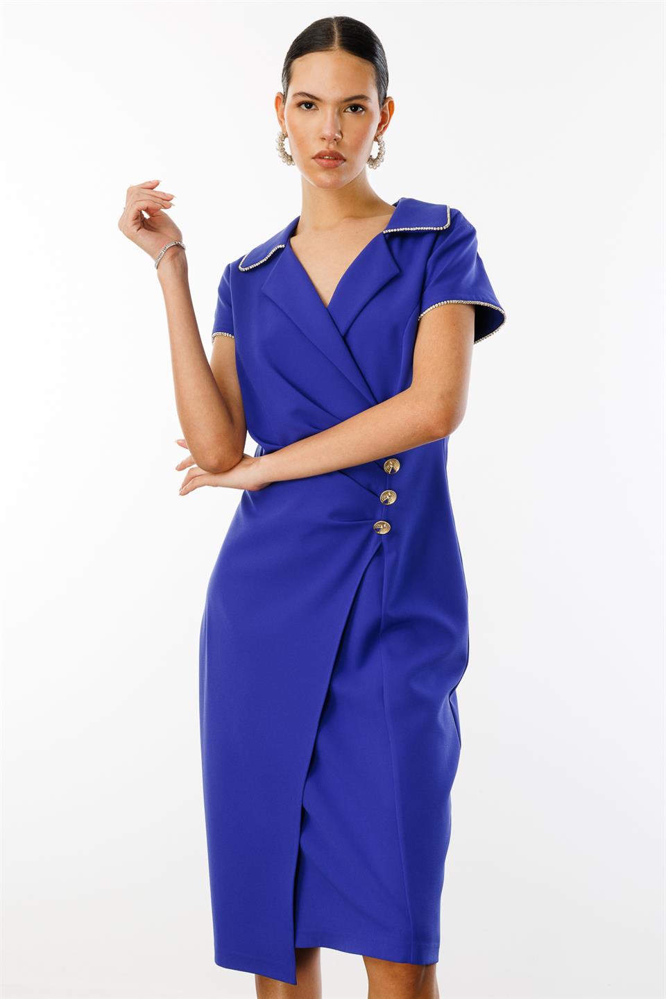 Bel Taş Şerit Büzgü Detay Kruvaze Elbise MOR