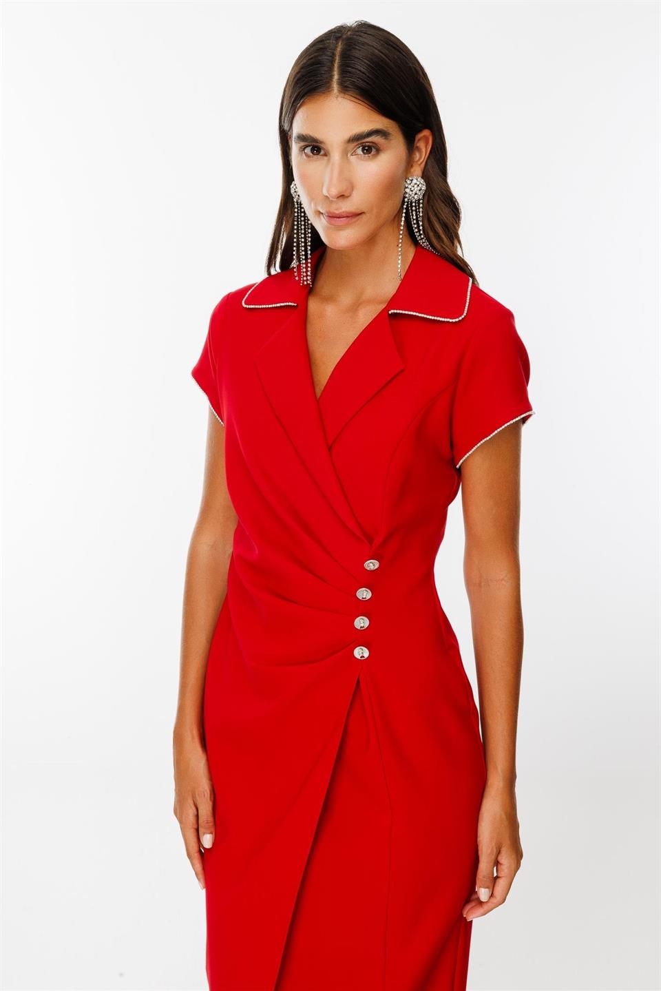 Bel Taş Şerit Büzgü Detay Kruvaze Elbise KIRMIZI