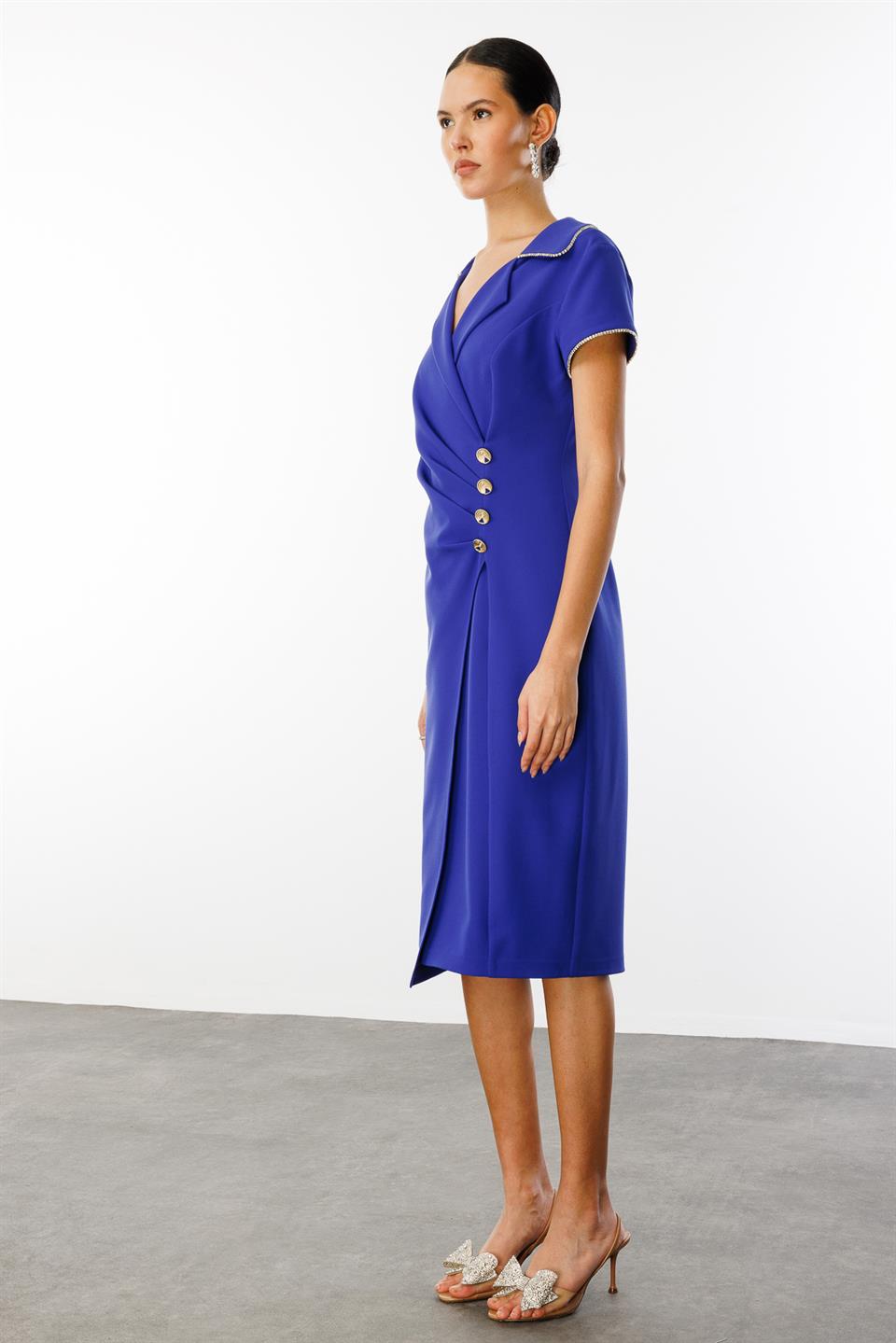 Bel Taş Şerit Büzgü Detay Kruvaze Elbise MOR