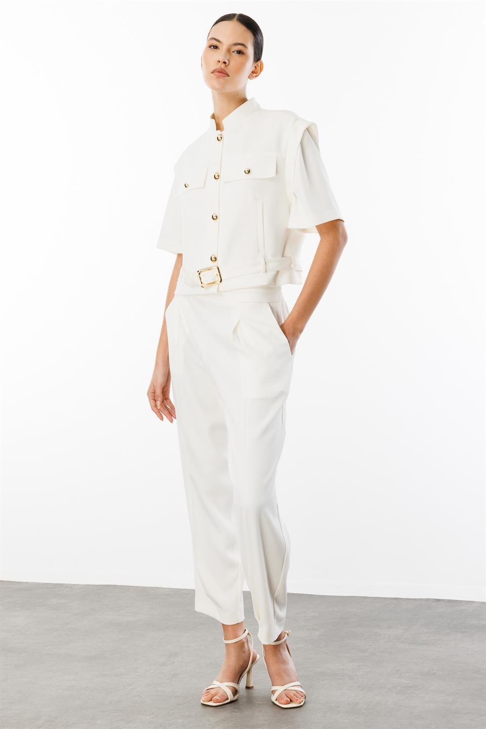 Belden Kemerli Ceket Pantolon İkili Takım EKRU