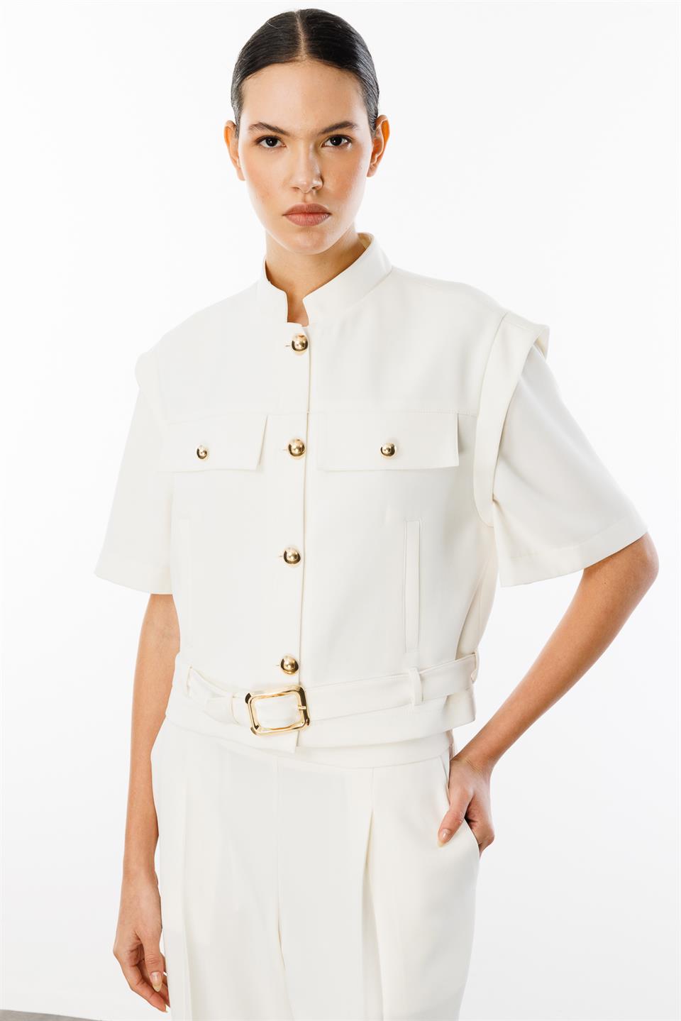 Belden Kemerli Ceket Pantolon İkili Takım EKRU