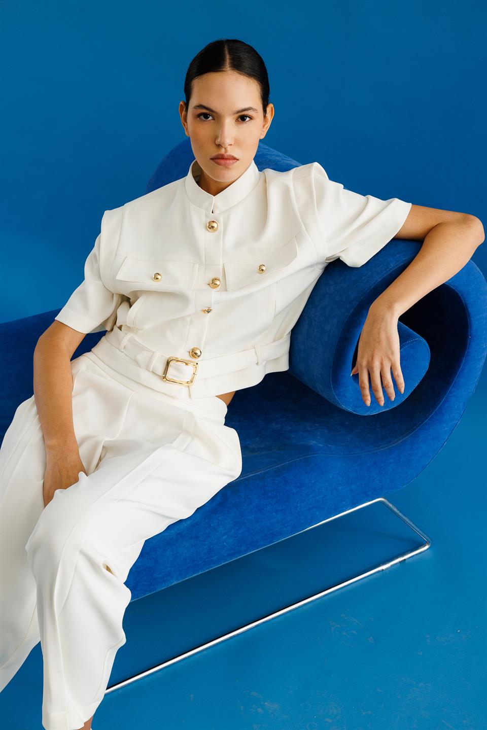 Belden Kemerli Ceket Pantolon İkili Takım EKRU