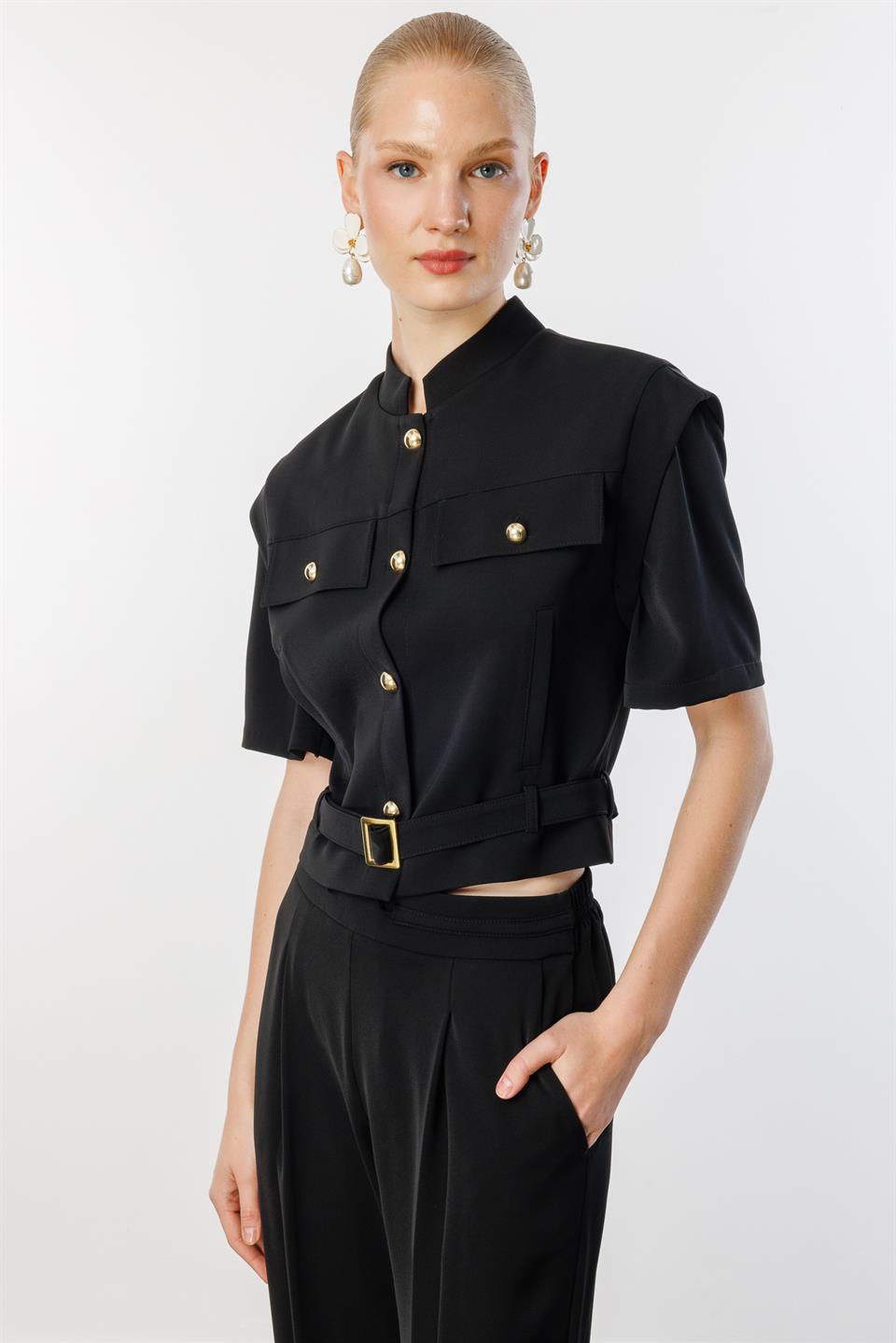 Belden Kemerli Ceket Pantolon İkili Takım SİYAH