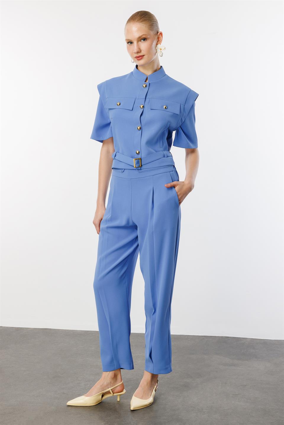 Belden Kemerli Ceket Pantolon İkili Takım İNDİGO