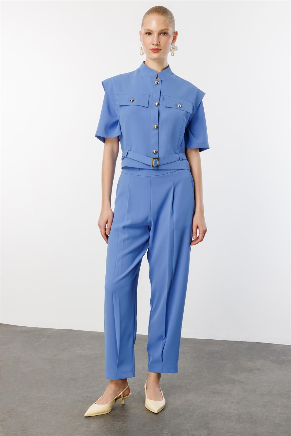 Belden Kemerli Ceket Pantolon İkili Takım İNDİGO
