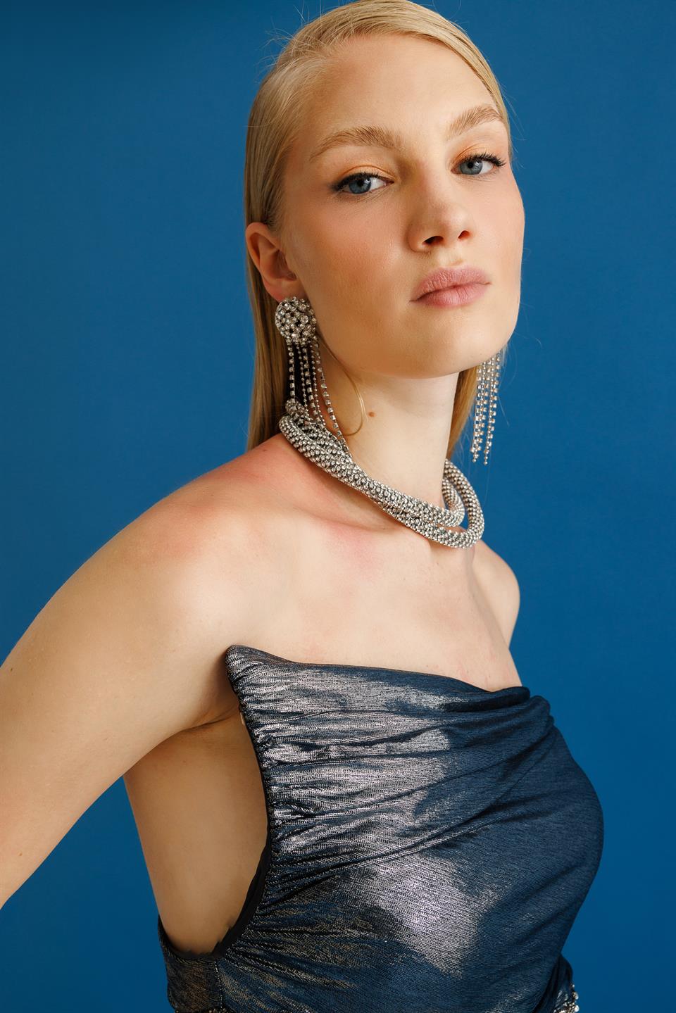 Strapless Dress with Parallel Stone Bands on Waist and Pointed Collar ANTHRACITE