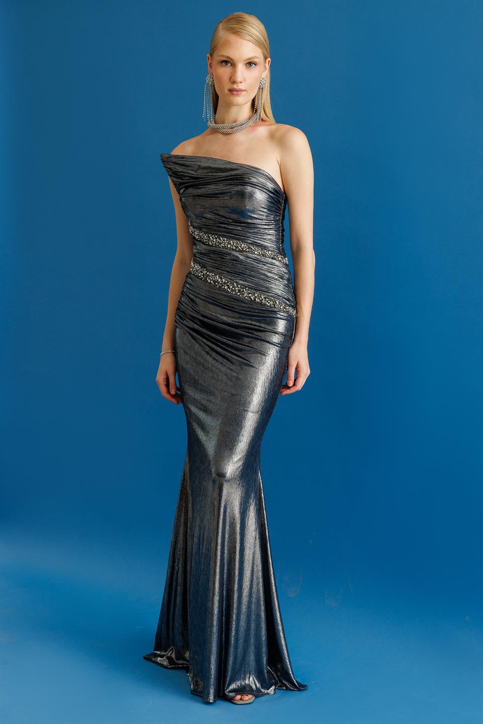 Strapless Dress with Parallel Stone Bands on Waist and Pointed Collar ANTHRACITE
