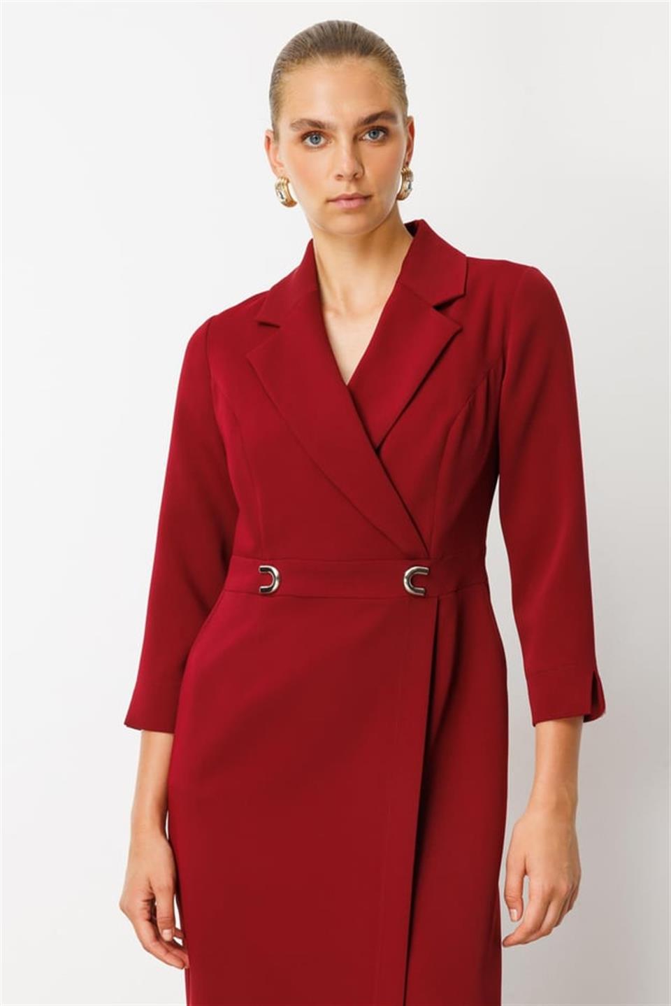 Beli Aksesuarlı Cepli Kruvaze Elbise BORDO