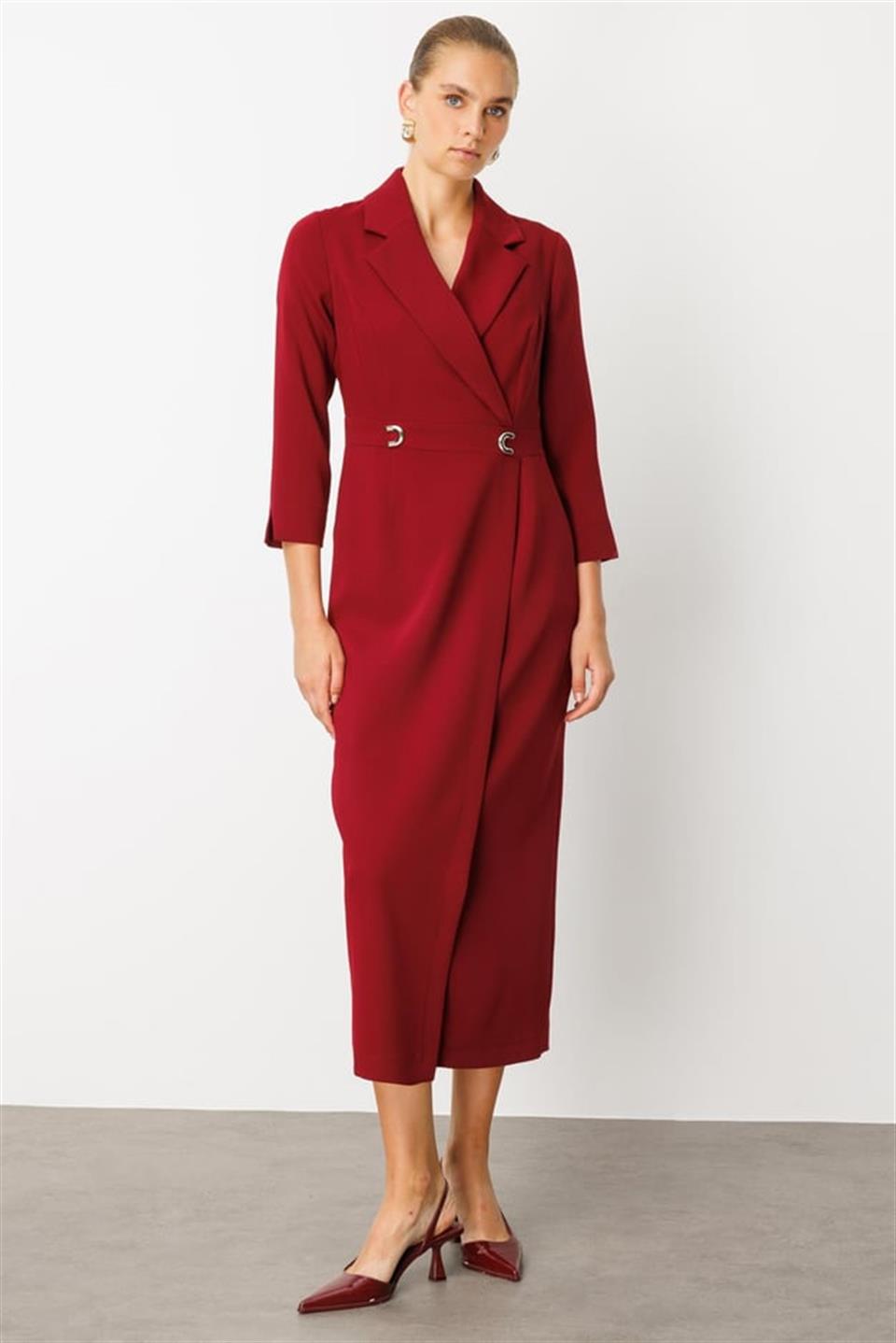 Beli Aksesuarlı Cepli Kruvaze Elbise BORDO