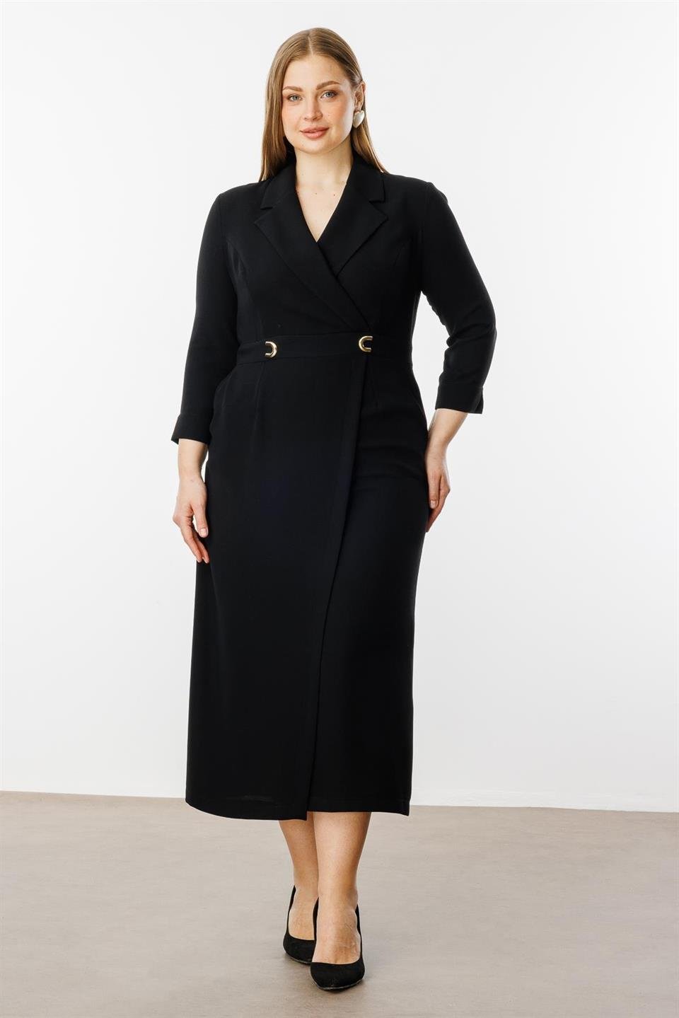 Beli Aksesuarlı Cepli Kruvaze Elbise SİYAH