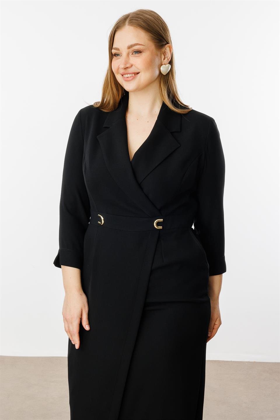 Beli Aksesuarlı Cepli Kruvaze Elbise SİYAH