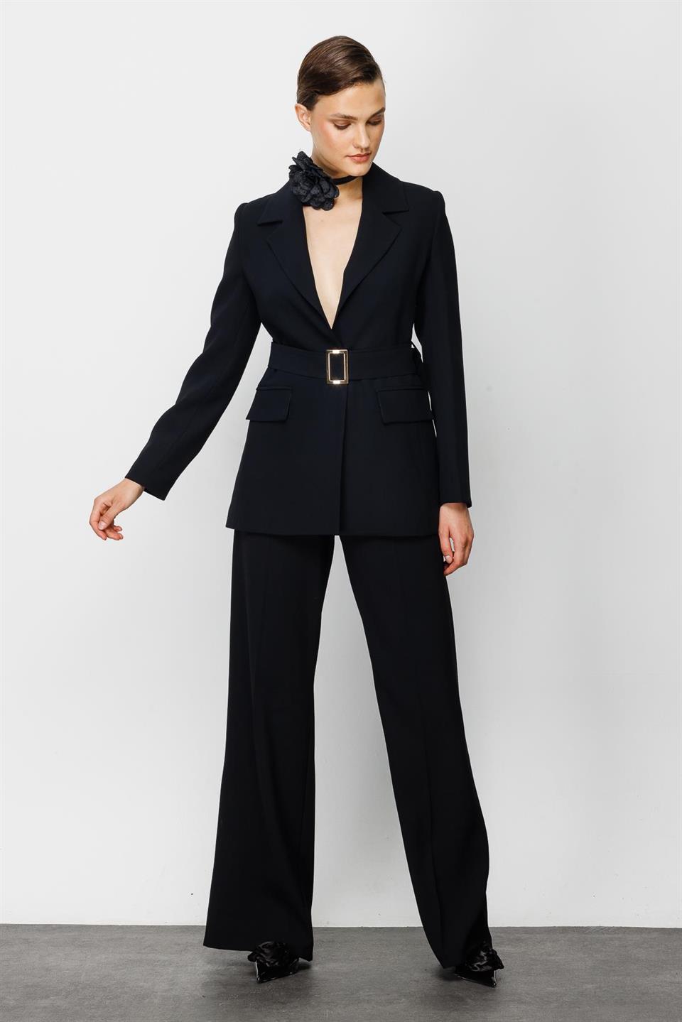 Beli Kemerli Ceket SİYAH