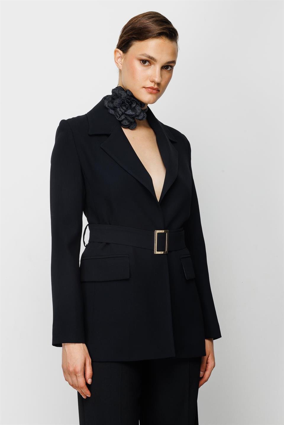 Beli Kemerli Ceket SİYAH