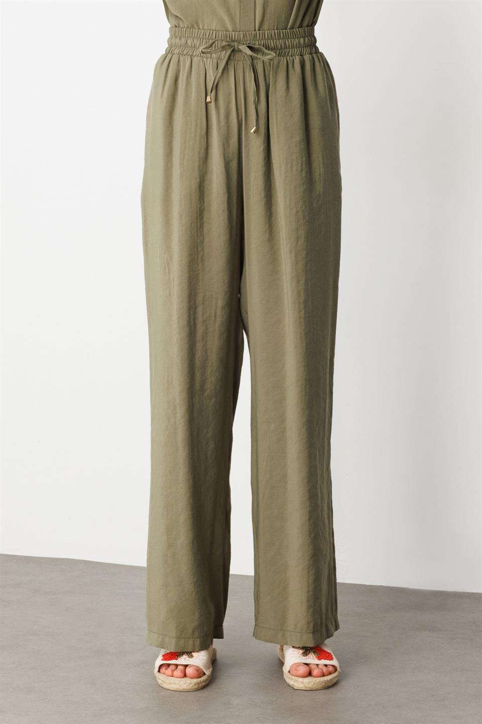 Beli Lastikli Bol Paça Pantolon HAKİ