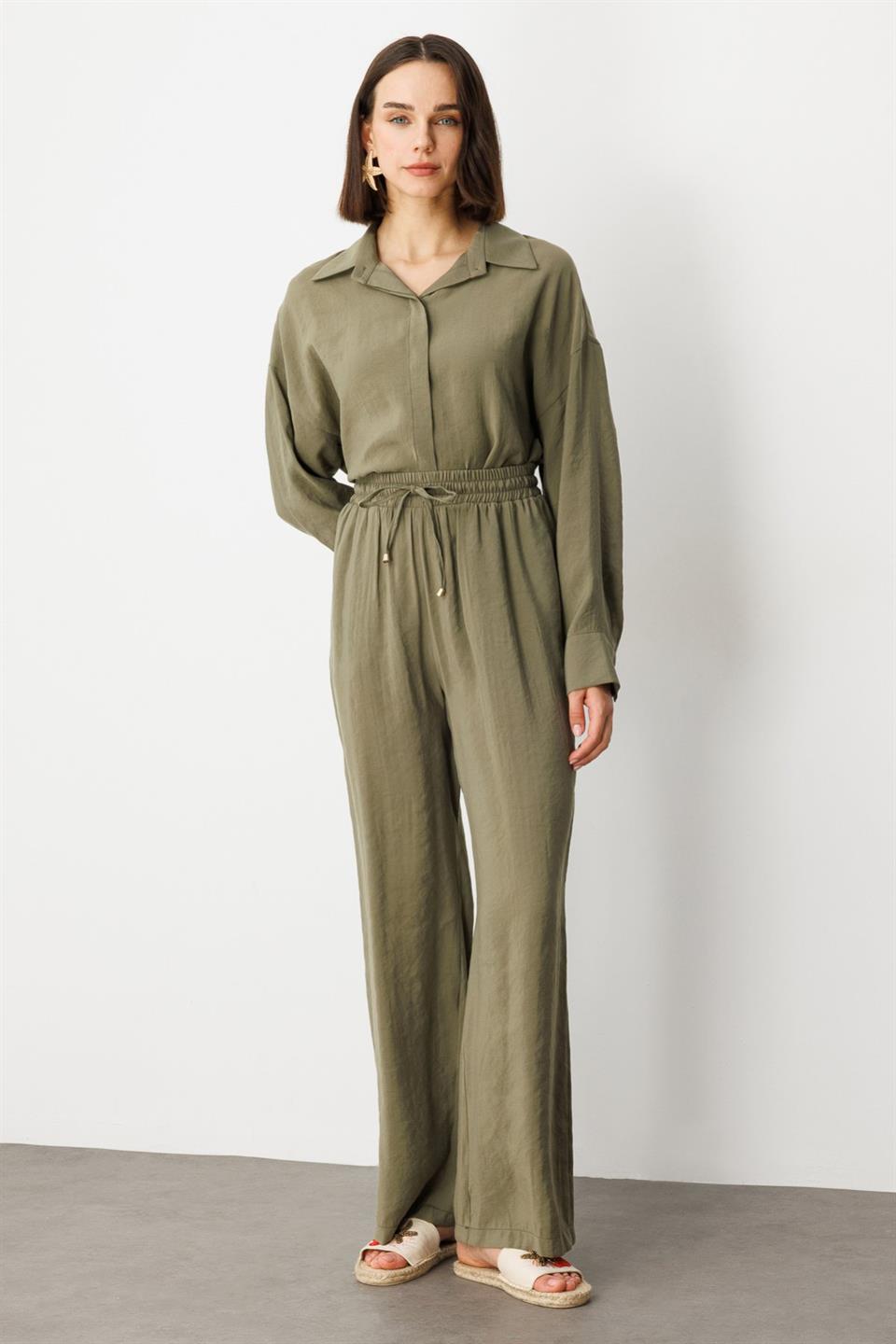 Beli Lastikli Bol Paça Pantolon HAKİ