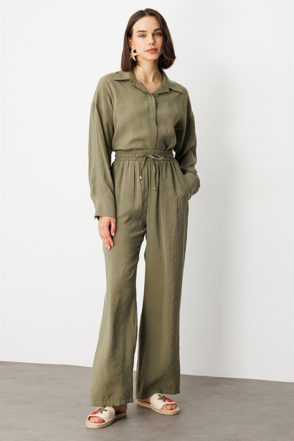 Beli Lastikli Bol Paça Pantolon HAKİ