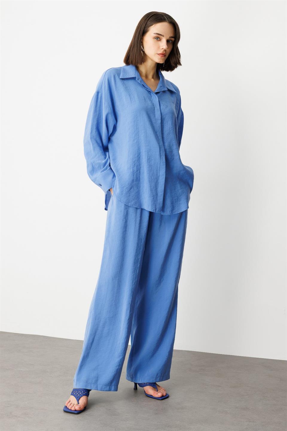 Beli Lastikli Bol Paça Pantolon MAVİ