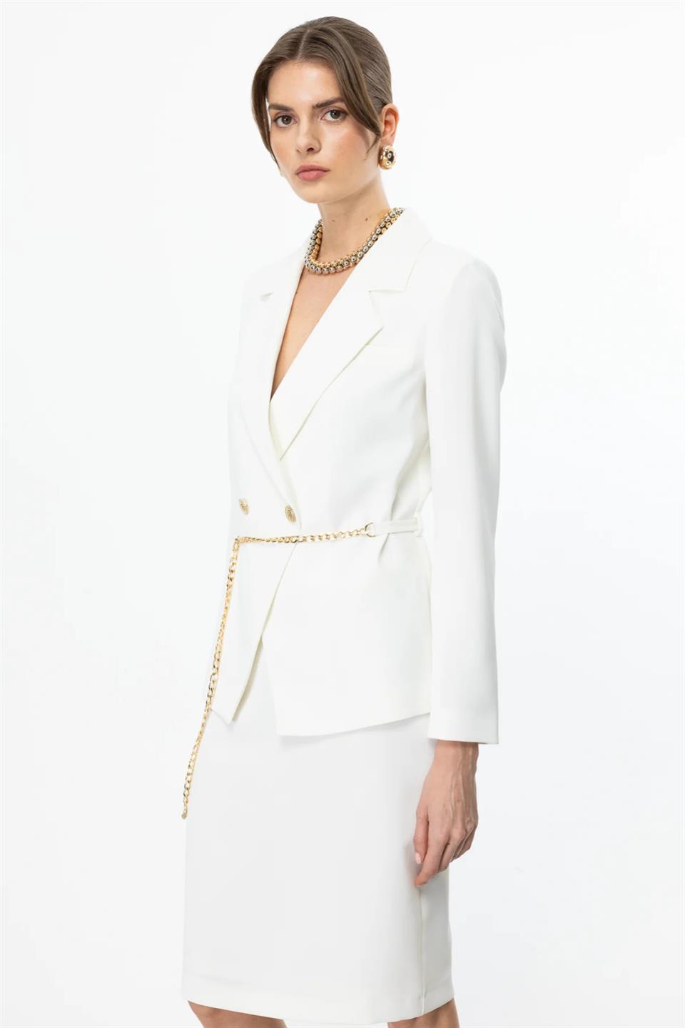Double Breasted Jacket with Chain Belt at Waist ECRU