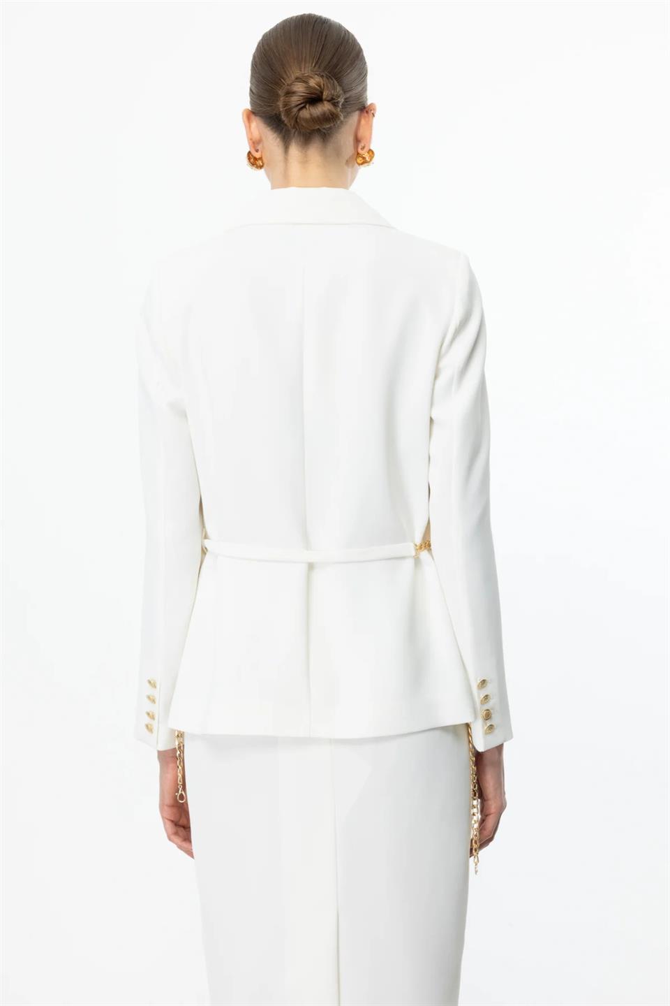 Double Breasted Jacket with Chain Belt at Waist ECRU