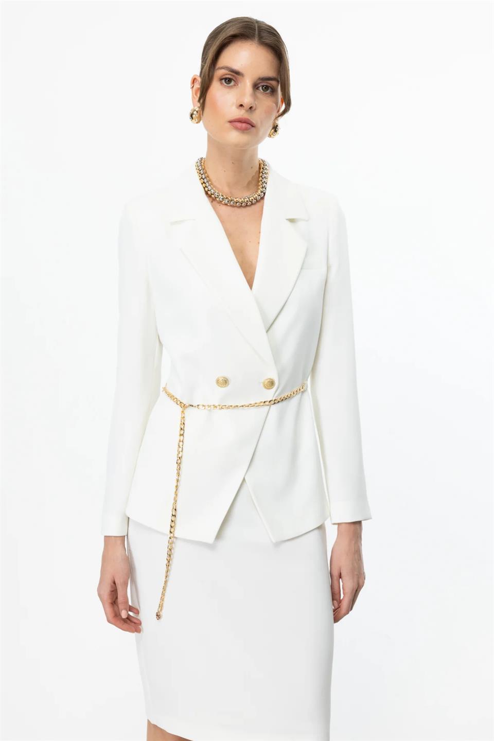 Double Breasted Jacket with Chain Belt at Waist ECRU