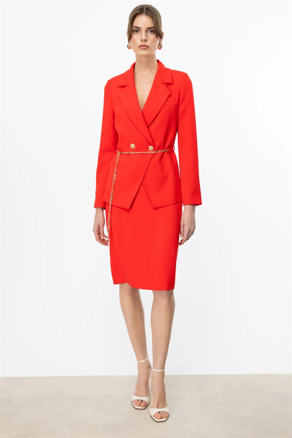 Double Breasted Jacket with a Chain Belt at the Waist, MERCAN