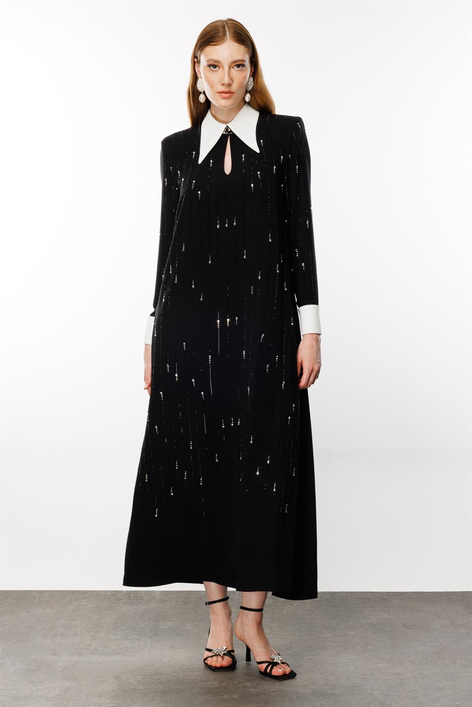 Beyaz Yaka Manşet Detay Taş Aksesuarlı Elbise SİYAH