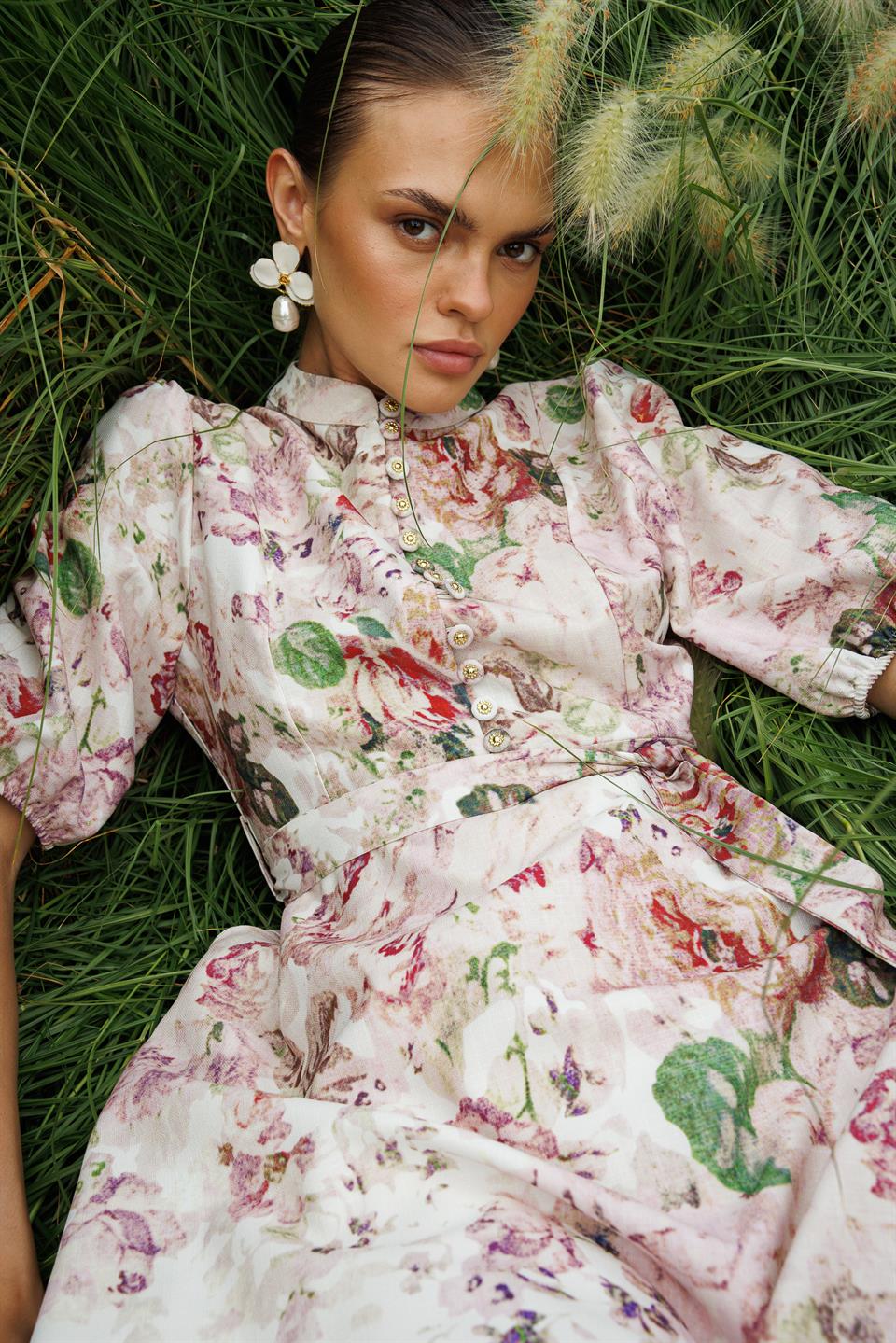 Birit Düğme Detaylı Keten Elbise EKRU