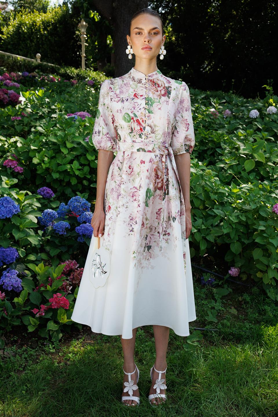 Birit Düğme Detaylı Keten Elbise EKRU