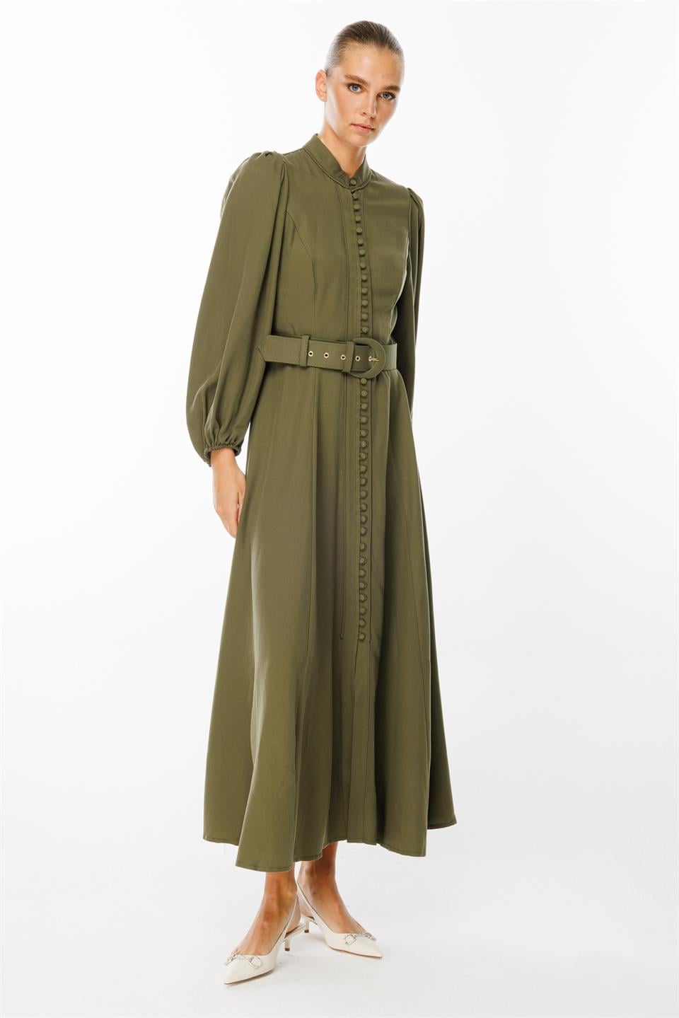 Birit Düğmeli Balon Kol Elbise HAKİ
