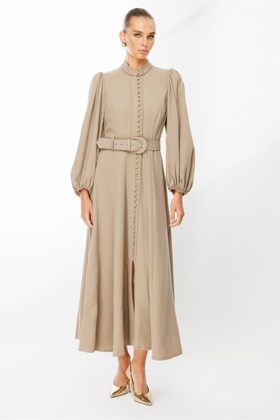 Birit Düğmeli Balon Kol Elbise VİZON