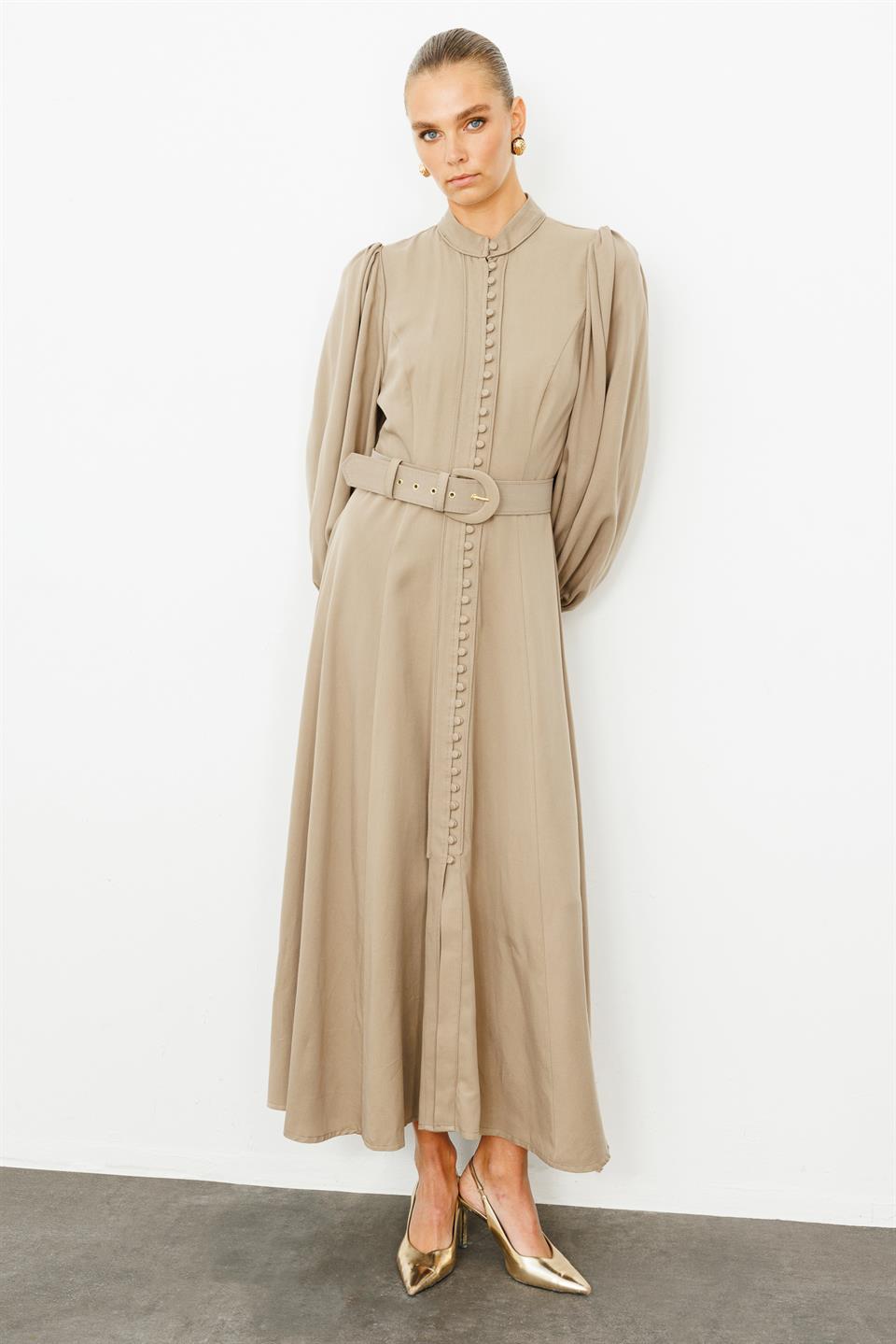 Birit Düğmeli Balon Kol Elbise VİZON