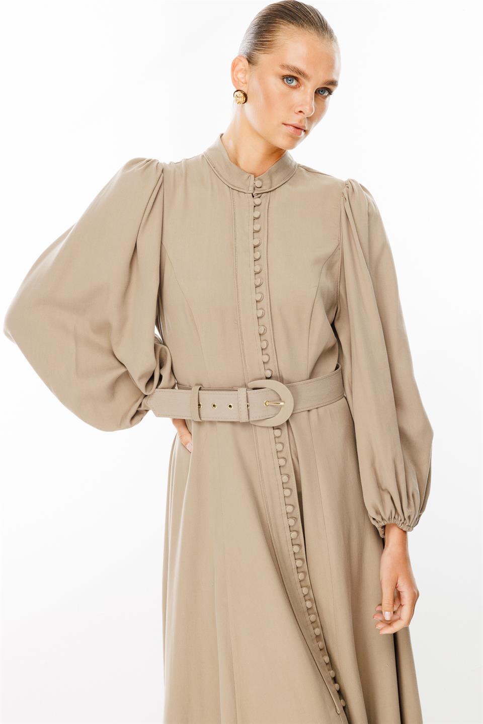 Birit Düğmeli Balon Kol Elbise VİZON