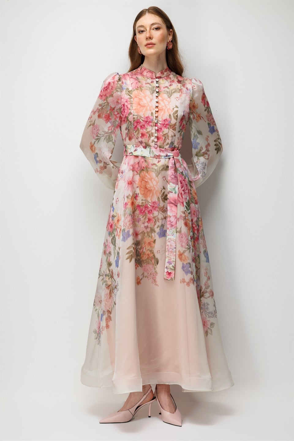 Birit Düğmeli Floral Desen  Midi Elbise EKRU