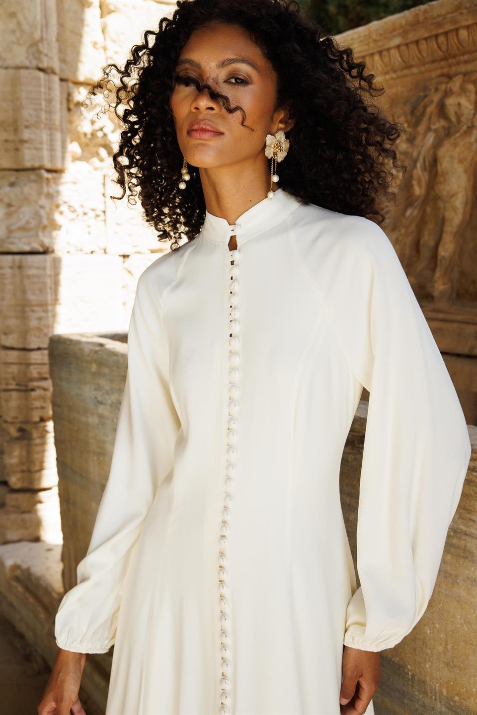 Birit Düğmeli Kemerli Elbise EKRU