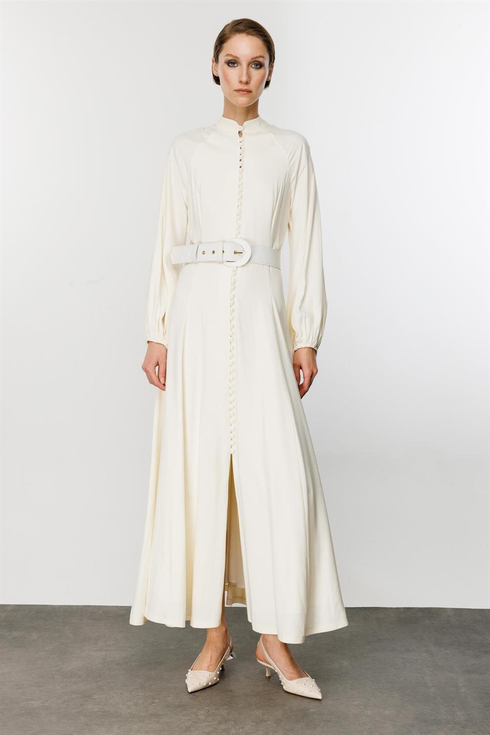 Birit Düğmeli Kemerli Elbise EKRU