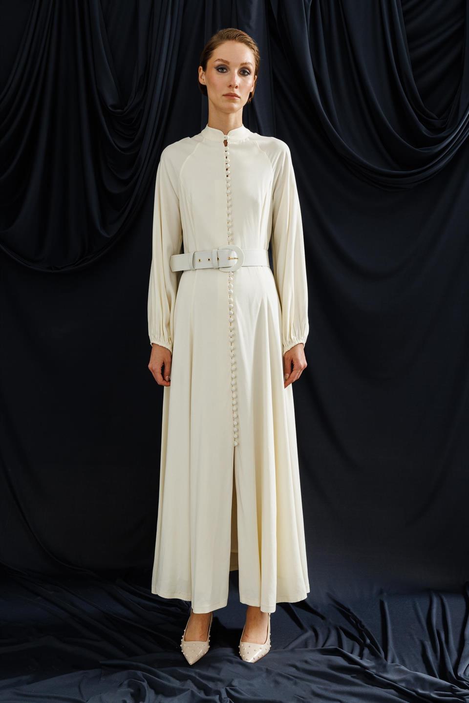 Birit Düğmeli Kemerli Elbise EKRU