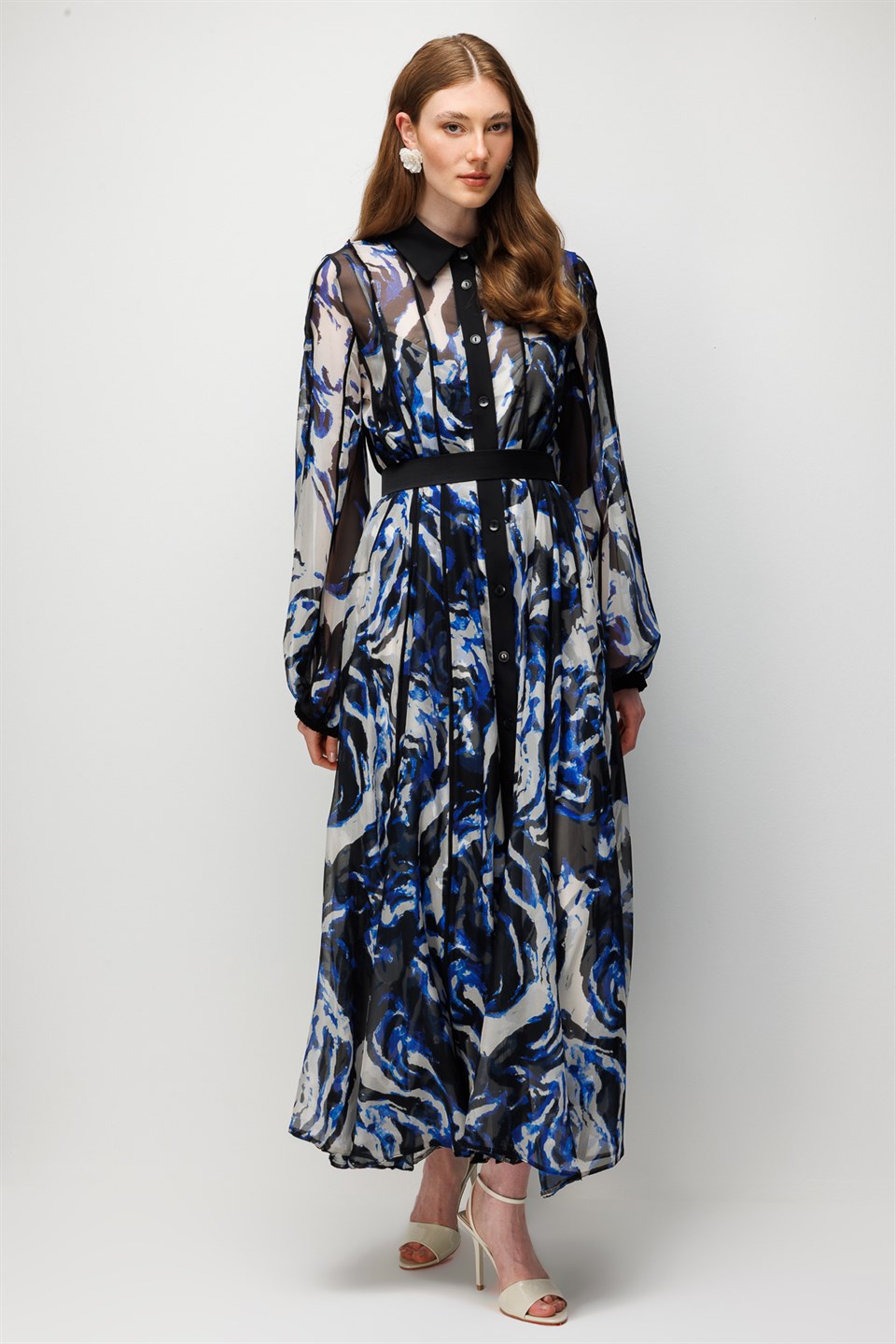 Patterned Chiffon Maxi Dress ROYAL BLUE