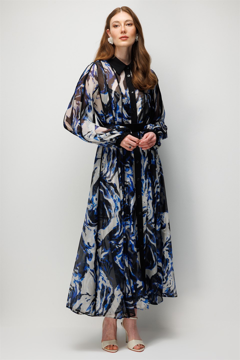Patterned Chiffon Maxi Dress ROYAL BLUE