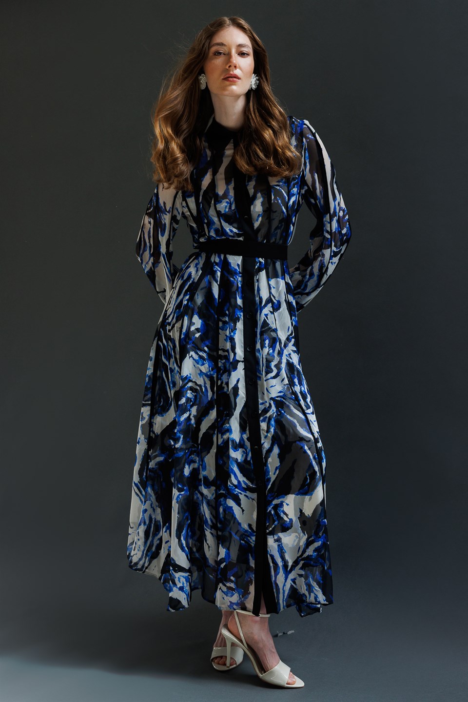 Patterned Chiffon Maxi Dress ROYAL BLUE