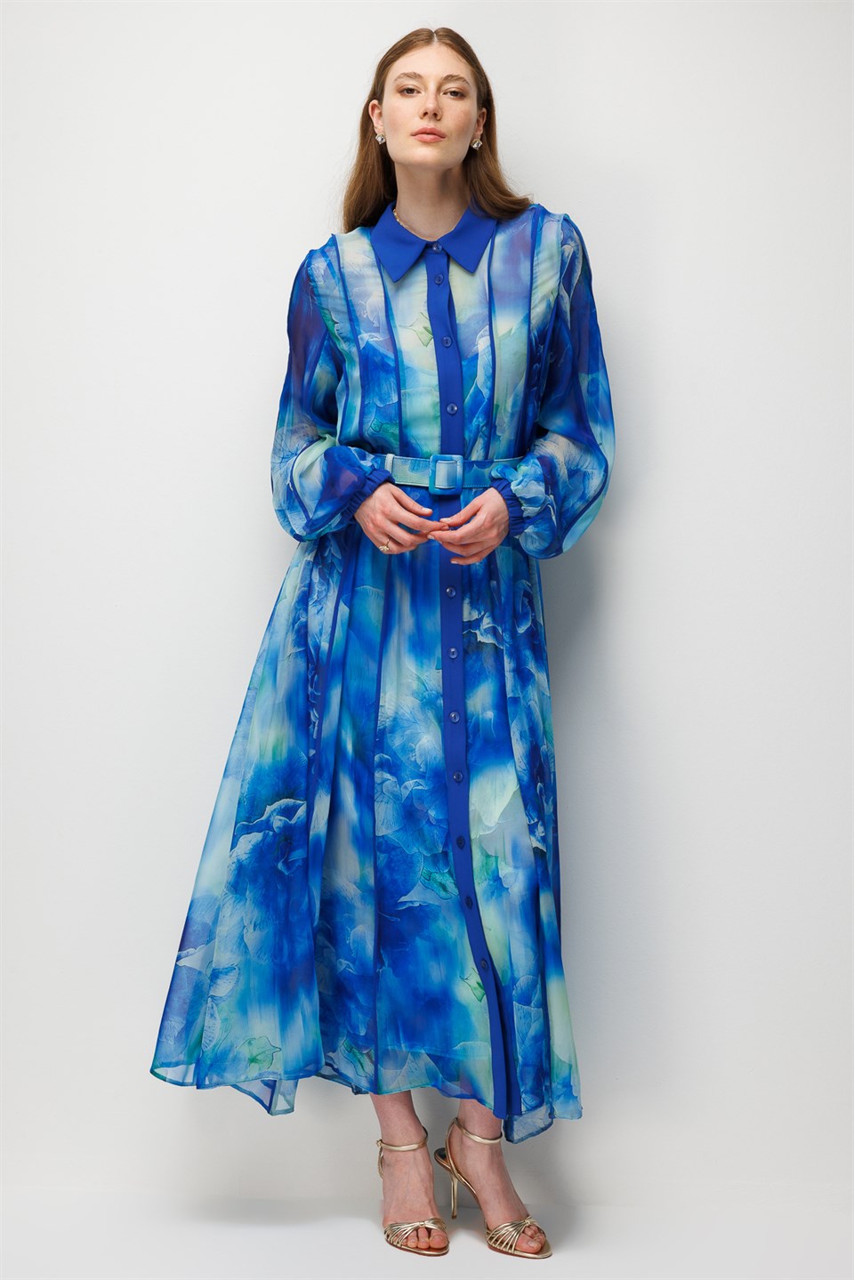 Patterned Chiffon Maxi Dress Turquoise